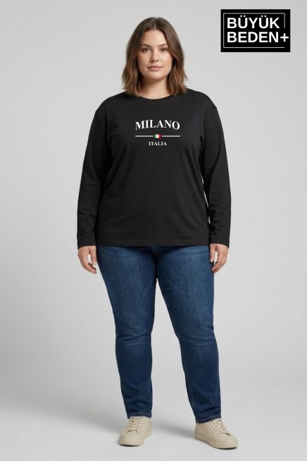 Kadın Büyük Beden Milano İtalia Baskılı 2 İplik Bisiklet Yaka Tişört SPR26BTSK942-9
