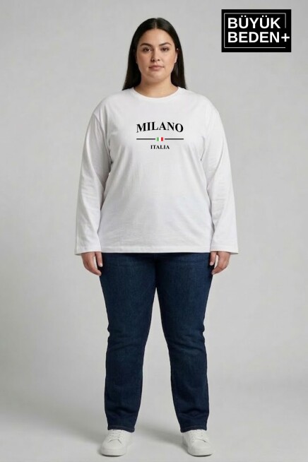 Kadın Büyük Beden Milano İtalia Baskılı 2 İplik Bisiklet Yaka Tişört SPR26BTSK942-9