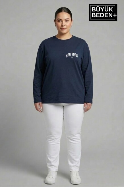 Kadın Büyük Beden New York Baskılı 2 İplik Bisiklet Yaka Tişört SPR26BTSK942-5