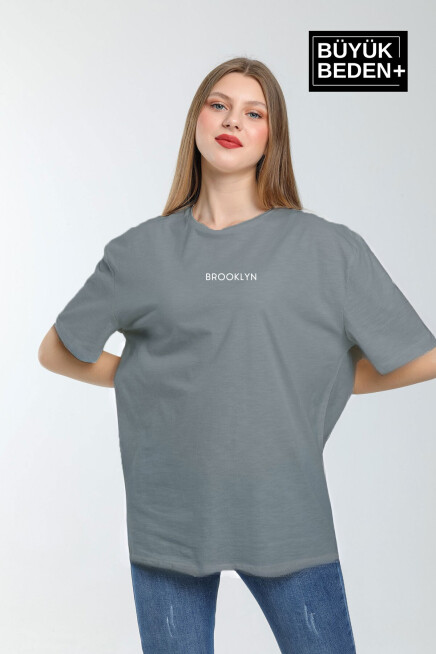 Kadın Büyük Beden Orta Brooklyn Baskılı  3xl-6xl Bisiklet Yaka Tshırt SPR25BTSK510-8