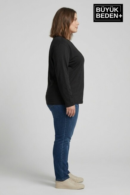 Kadın Büyük Beden Uzun Kollu 2 İplik Bisiklet Yaka Tişört SPR25BTSK942