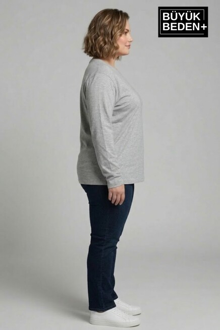 Kadın Büyük Beden Uzun Kollu 2 İplik Bisiklet Yaka Tişört SPR25BTSK942