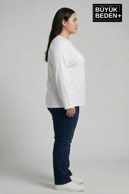 Kadın Büyük Beden Uzun Kollu 2 İplik Bisiklet Yaka Tişört SPR25BTSK942