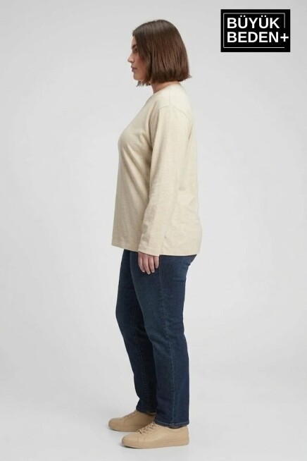 Kadın Büyük Beden Uzun Kollu 2 İplik Bisiklet Yaka Tişört SPR25BTSK942