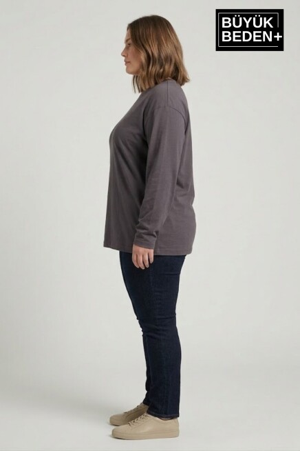 Kadın Büyük Beden Uzun Kollu 2 İplik Bisiklet Yaka Tişört SPR25BTSK942