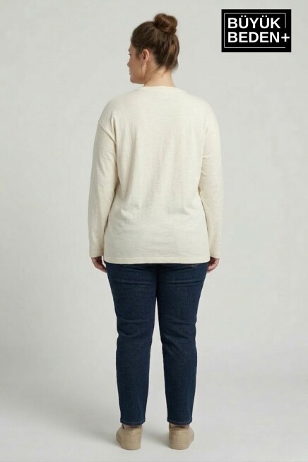 Kadın Büyük Beden Uzun Kollu 2 İplik Bisiklet Yaka Tişört SPR25BTSK942