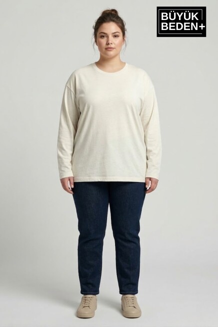 Kadın Büyük Beden Uzun Kollu 2 İplik Bisiklet Yaka Tişört SPR25BTSK942