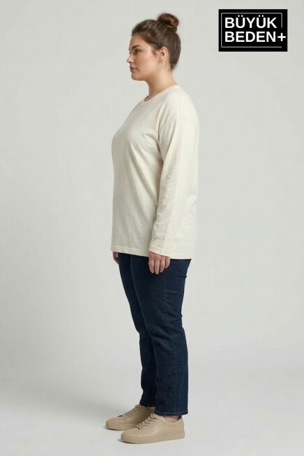 Kadın Büyük Beden Uzun Kollu 2 İplik Bisiklet Yaka Tişört SPR25BTSK942