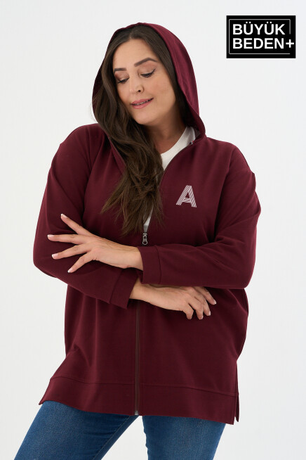 Kadın Tunik Büyük Beden A Baskılı Fermuarlı Kapşonlu Sweat Hırka SPR26BTK955-3