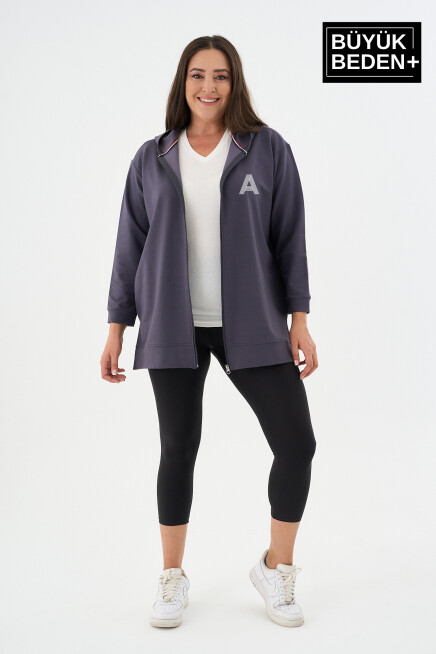 Kadın Tunik Büyük Beden A Baskılı Fermuarlı Kapşonlu Sweat Hırka SPR26BTK955-3