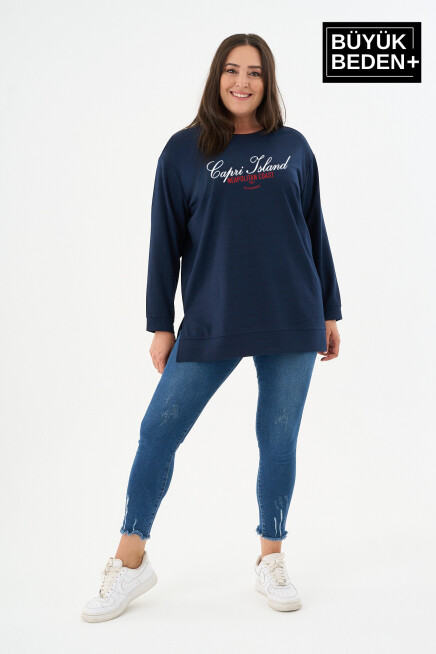 Kadın Tunik Büyük Beden Capri Island Baskılı ince Sweatshırt SPR26BTK990-1
