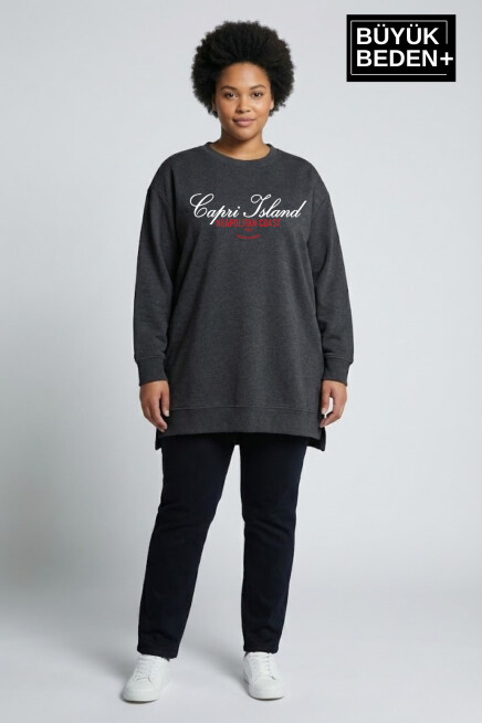 Kadın Tunik Büyük Beden Capri Island Baskılı ince Sweatshırt SPR26BTK990-1