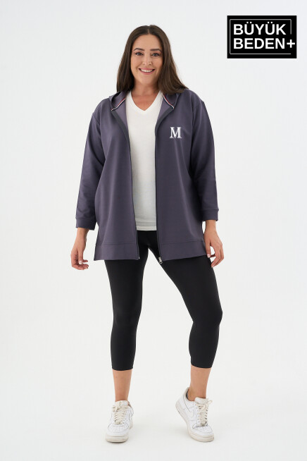 Kadın Tunik Büyük Beden M Baskılı Fermuarlı Kapşonlu Sweat Hırka SPR26BTK955-4