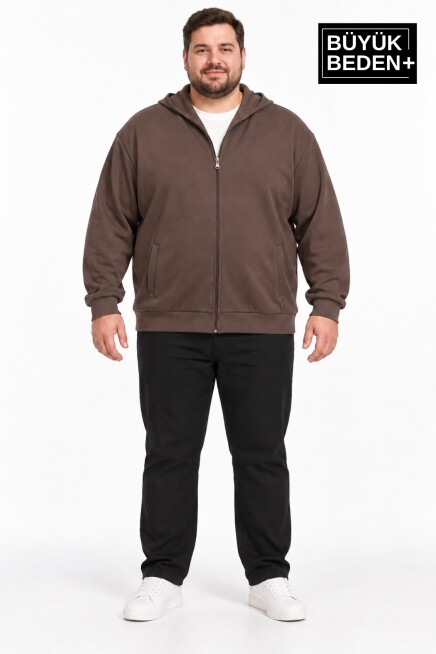 Erkek Büyük Beden İki İplik Kapüşonlu Fermuarlı Cepli Sweatshirt Hırka SPR26BHR961