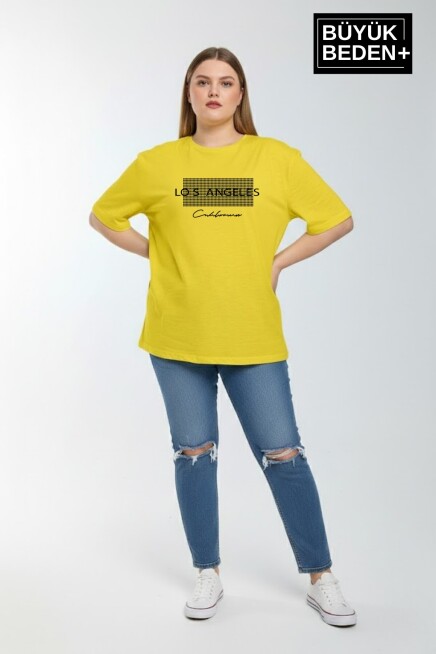 Kadın Büyük Beden Los Angeles Baskılı 3xl-6xl Bisiklet Yaka Tshırt SPR26BTSK510-18