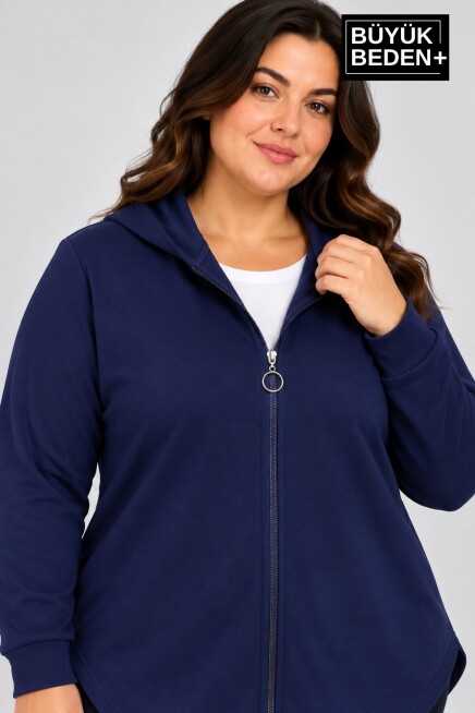 Süperlife Kadın Büyük Beden Fermuarlı Kapüşonlu Uzun Oval Etek Uçlu Hırka SPR26BHR993