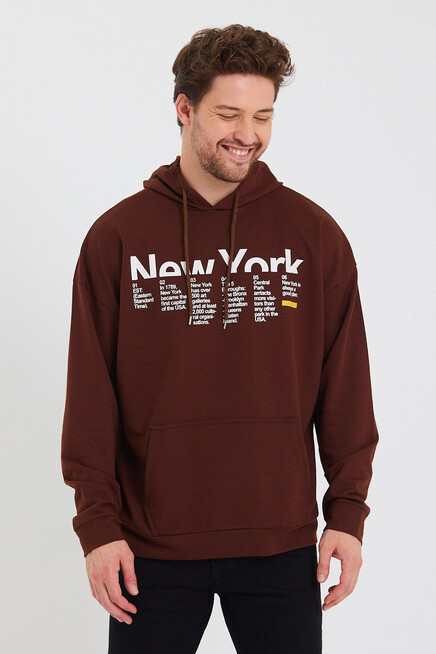 Erkek Kapşonlu Oversize Fit Newyork Baskılı İnce Sweatshirt SPR23SW362
