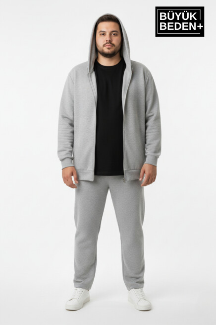 Büyük Beden Erkek Fermuarlı Kapüşonlu Sweatshirt Hırka - Rahat Kalıp SPR26BHR960