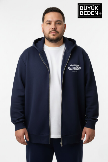 Erkek Büyük Beden Fermuarlı Kapüşonlu Chef Baskılı Sweatshirt Hırka - Rahat Kalıp SPR26BHR921
