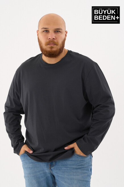 Erkek Büyük Beden Uzun Kollu 2 İplik Bisiklet Yaka Tişört