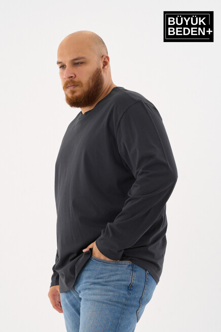 Erkek Büyük Beden Uzun Kollu 2 İplik Bisiklet Yaka Tişört
