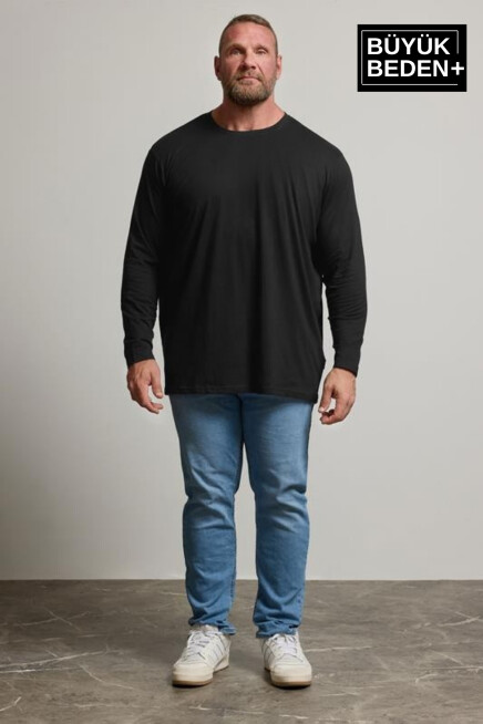 Erkek Büyük Beden Uzun Kollu 2 İplik Bisiklet Yaka Tişört