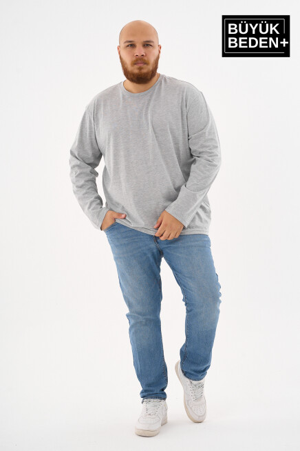 Erkek Büyük Beden Uzun Kollu 2 İplik Bisiklet Yaka Tişört