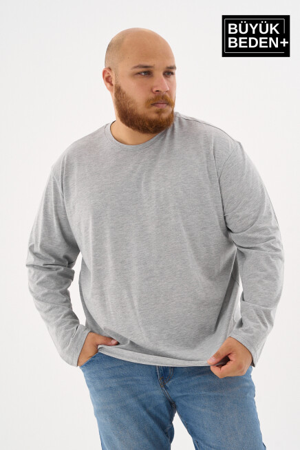 Erkek Büyük Beden Uzun Kollu 2 İplik Bisiklet Yaka Tişört