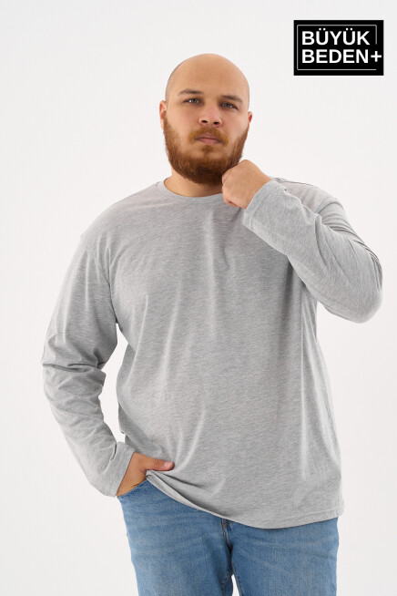 Erkek Büyük Beden Uzun Kollu 2 İplik Bisiklet Yaka Tişört