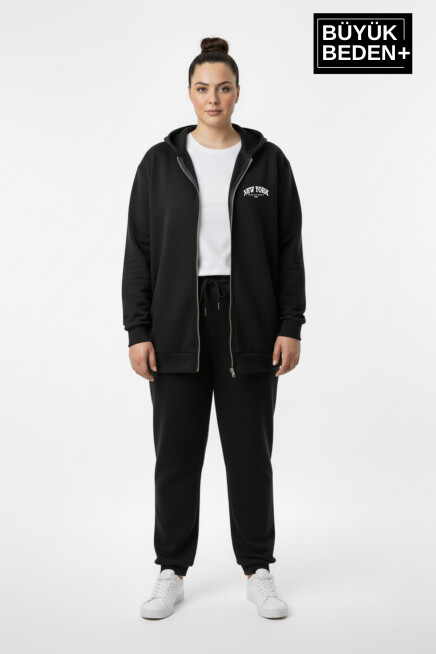 Kadın Büyük Beden Fermuarlı Kapüşonlu New York Baskılı Sweatshirt Hırka SPR26BHR923