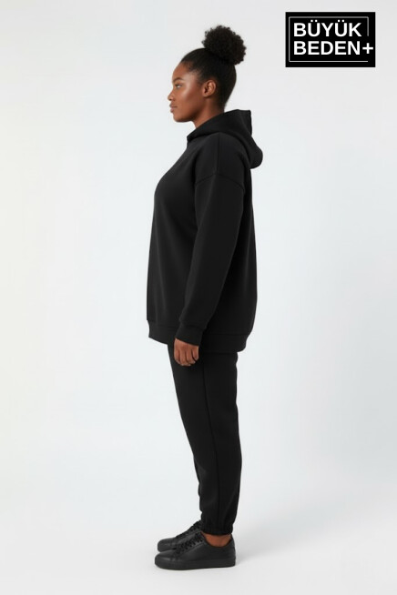 Kadın Büyük Beden İnce Kapşonlu Kollar Ve Etek Ribanalı Swatshırt SPR26BSWK957