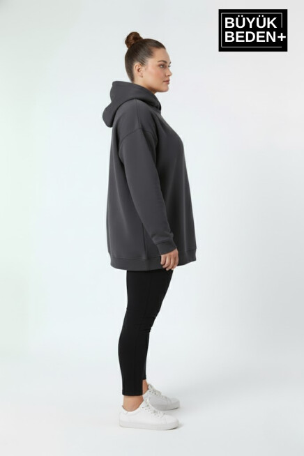 Kadın Büyük Beden İnce Kapşonlu Kollar Ve Etek Ribanalı Swatshırt SPR26BSWK957