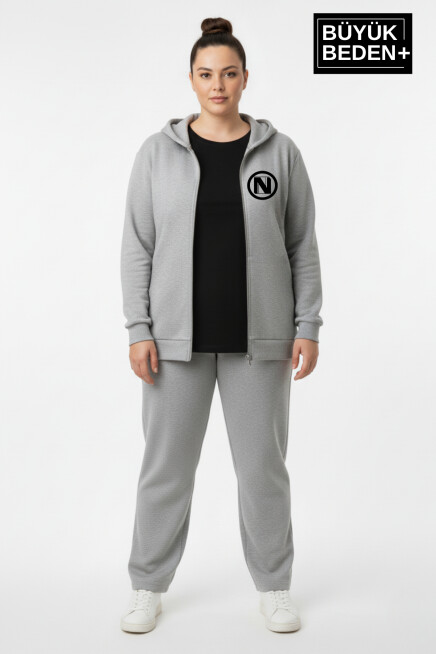 Kadın Büyük Beden Kapüşonlu Fermuarlı N Baskılı Sweatshirt Hırka SPR26BHRK922