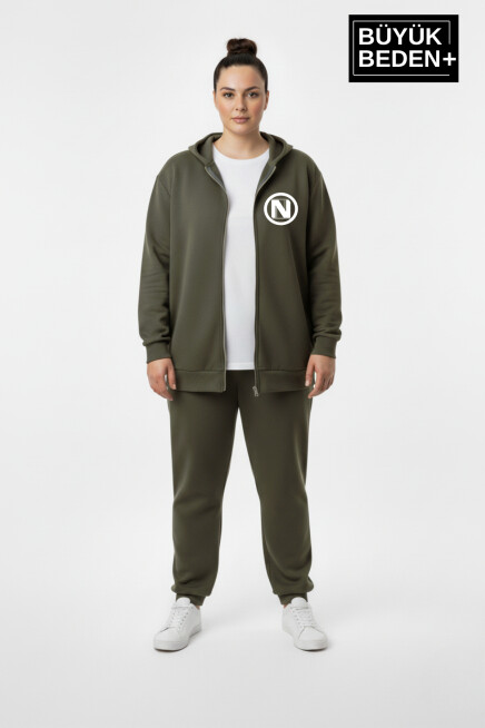 Kadın Büyük Beden Kapüşonlu Fermuarlı N Baskılı Sweatshirt Hırka SPR26BHRK922