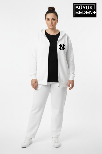 Kadın Büyük Beden Kapüşonlu Fermuarlı N Baskılı Sweatshirt Hırka SPR26BHRK922