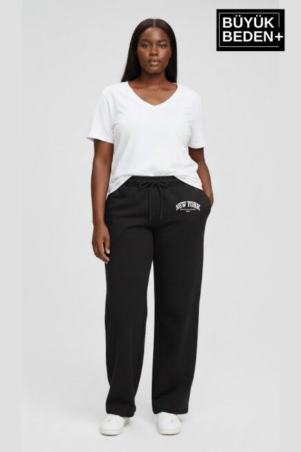 Kadın Büyük Beden New York Baskılı Rahat Kesim Paça Reçme ince Eşofman Altı SPR26EAk952-5