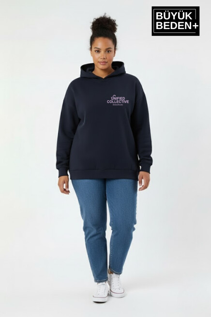 Kadın Büyük Beden Rahat Kalıp Hoodie -Unified Baskılı Kapüşonlu Sweatshirt SPR26BSWK968