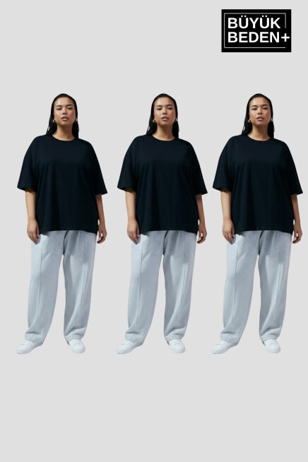 Büyük Beden Kadın Basic 3XL-6XL Bisiklet Yaka 3lü Tişört Seti SPR26BTSK510+3