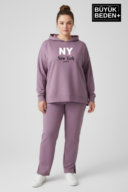 Büyük Beden Kapşonlu NY Newyork Baskılı Tunik ince Sweatshırt  SPR26BTK991-1