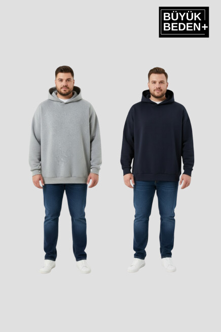 Erkek Büyük Beden 2 li Set Kapşonlu Kollar Ve Etek Ribanalı ince Swatshırt SPR26BSW957+2
