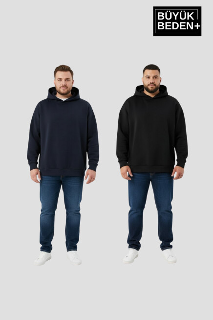 Erkek Büyük Beden 2 li Set Kapşonlu Kollar Ve Etek Ribanalı ince Swatshırt SPR26BSW957+2