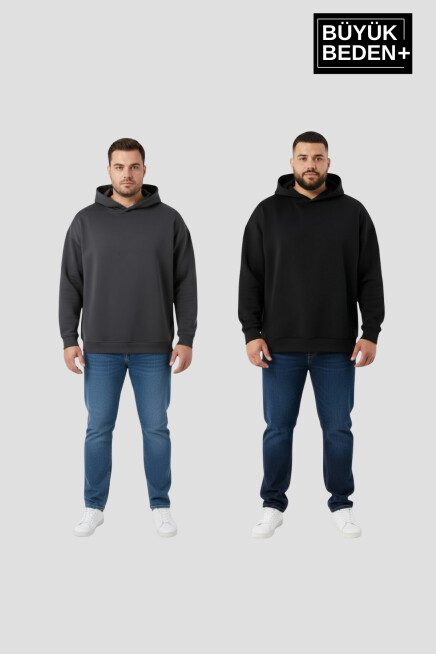 Erkek Büyük Beden 2 li Set Kapşonlu Kollar Ve Etek Ribanalı ince Swatshırt SPR26BSW957+2