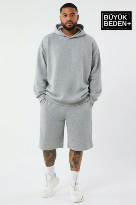 Erkek Büyük Beden 2 li Set Kapşonlu Kollar Ve Etek Ribanalı ince Swatshırt SPR26BSW957+2
