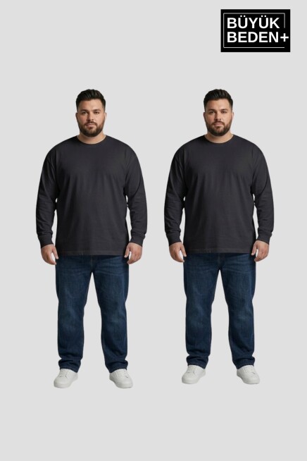Erkek Büyük Beden 2li Set Uzun Kollu 2 İplik Bisiklet Yaka Tişört SPR26BEA942+2