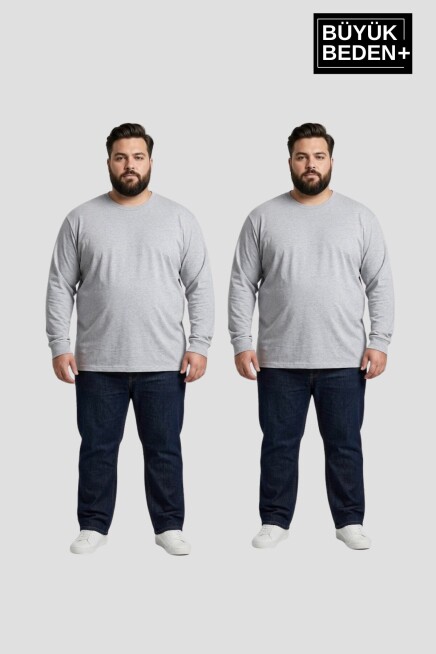 Erkek Büyük Beden 2li Set Uzun Kollu 2 İplik Bisiklet Yaka Tişört SPR26BEA942+2