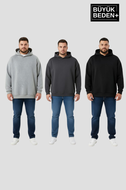 Erkek Büyük Beden 3 lü Set  Kollar Ve Etek Ribanalı ince Kapşonlu Swatshırt SPR26BSW957+3