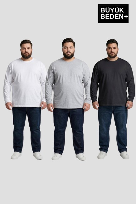 Erkek Büyük Beden 3lü Set Uzun Kollu 2 İplik Bisiklet Yaka Tişört SPR26BEA942+3