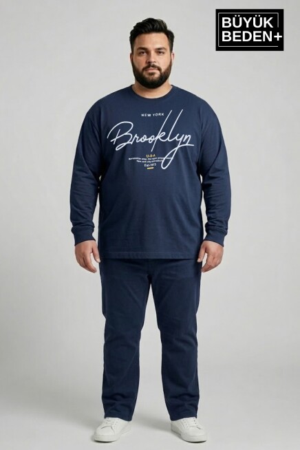 Erkek Büyük Beden El Yazılı Brooklyn Baskılı 2 İplik Bisiklet Yaka Tişört SPR26BTS942-6