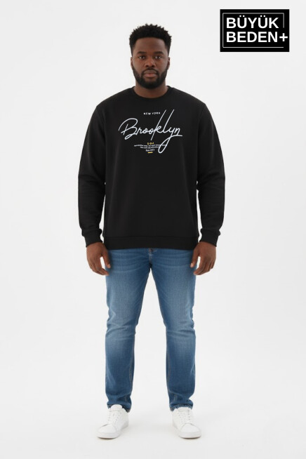 Erkek Büyük Beden El Yazılı Brooklyn Baskılı Bisiklet Yaka Sweatshirt SPR26BSW956-6