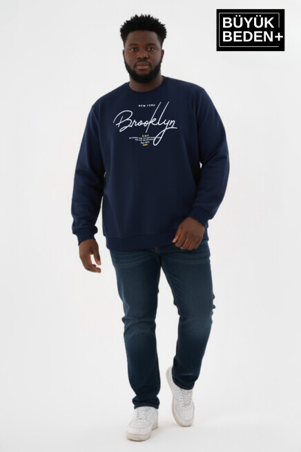 Erkek Büyük Beden El Yazılı Brooklyn Baskılı Bisiklet Yaka Sweatshirt SPR26BSW956-6